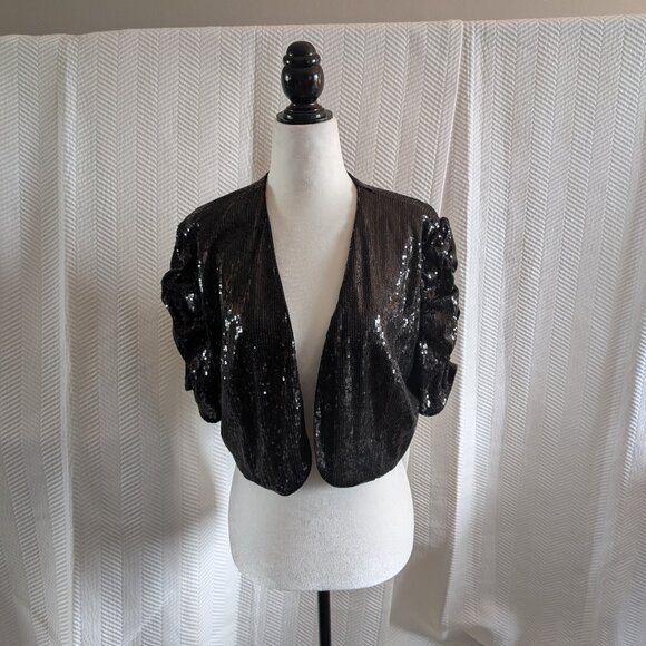 Vintage Jessica Black Sequin Bolero Shrug Ruched Sleeve XL - Picture 1 of 9